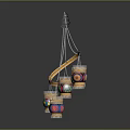 Decorative Chandelier with Multiple Vibrant Lantern Shades and Curved Hanging Frame
