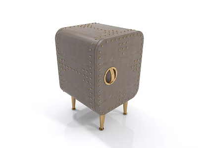 Stylish Gray Bedside Table with Gold Studs Circular Handle and Gold Legs 3d model