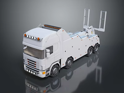 White Tow Truck Featuring Tall Brackets Multiple Wheels Modern Design Gray Background Reflective Surface 3d model
