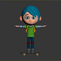 Cartoon Character With Blue Hair Green Shirt And Blue Pants On Skateboard Arms Outstretched