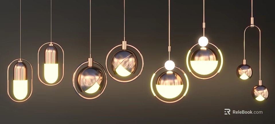 Modern Hanging Circular Pendant Lights With Metal Frames And Glowing Spheres 3d model 