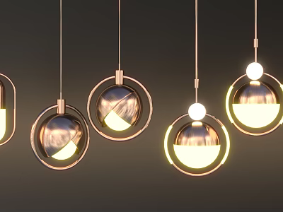 Modern Hanging Circular Pendant Lights With Metal Frames And Glowing Spheres 3d model