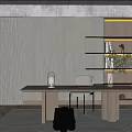Modern Office Interior Design With Wooden Table Minimal Furniture Decorative Bookshelf Potted Plant Warm Lighting