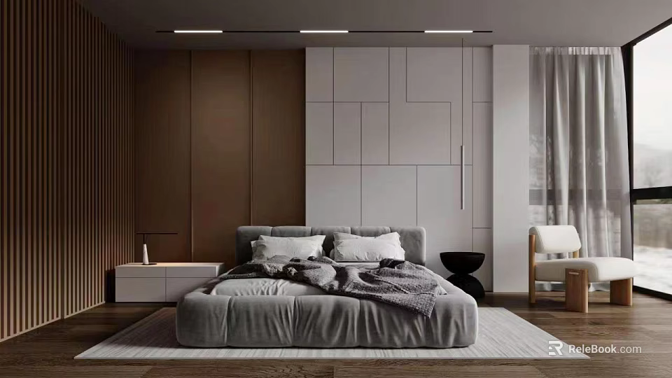 Modern Bedroom Interior Design With Gray Bed Geometric Wall Wooden Nightstand And Chair 3d model 