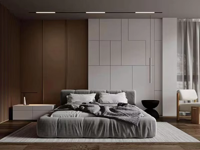Modern Bedroom Interior Design With Gray Bed Geometric Wall Wooden Nightstand And Chair 3d model