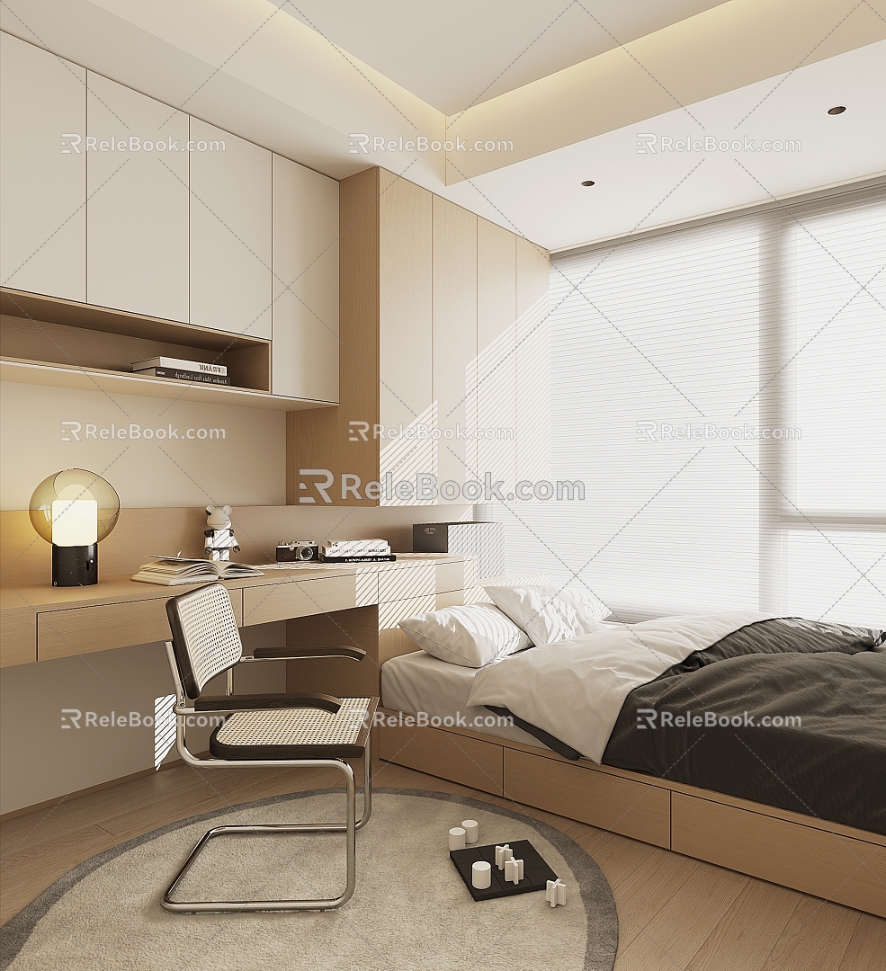 Tatami Bedroom Bedroom Double Bed Bedside Table Wardrobe 3d model