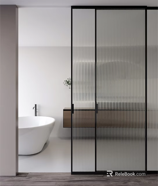 Modern Bathroom Sliding Door With Ribbed Glass Wooden Vanity And White Bathtub 3d model 