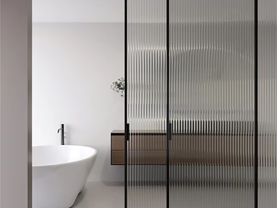 Modern Bathroom Sliding Door With Ribbed Glass Wooden Vanity And White Bathtub 3d model