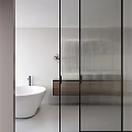 Modern Bathroom Sliding Door With Ribbed Glass Wooden Vanity And White Bathtub