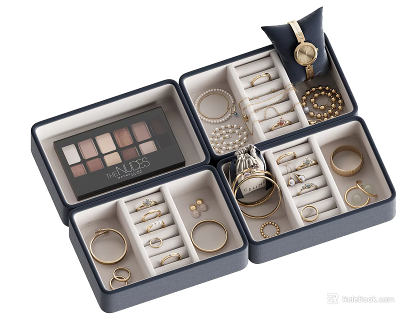 Navy Blue Jewelry Box With Organized Watches Necklaces Earrings Rings And Bracelets 3d model 