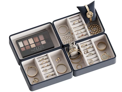 Navy Blue Jewelry Box With Organized Watches Necklaces Earrings Rings And Bracelets 3d model