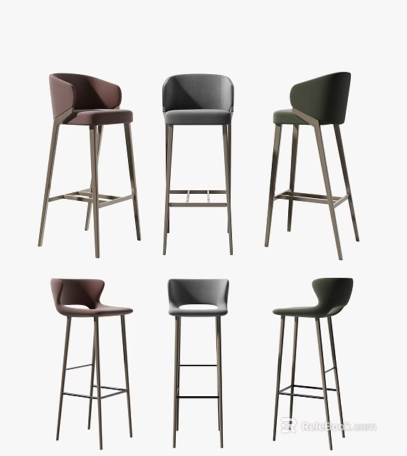 Modern High Legged Bar Stools With Backrest In Brown Grey Green Tones 3d model 
