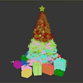 Christmas Tree With Star On Top Colorful Balls Red Decorations And Colorful Gift Boxes Under
