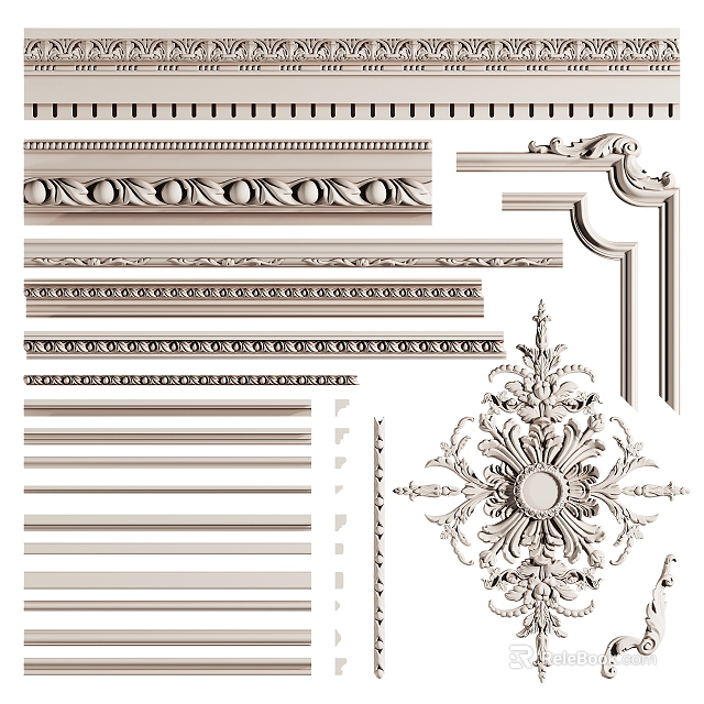 Decorative Carved Moldings And Ornate Cornices With Various Architectural Design Details 3d model 