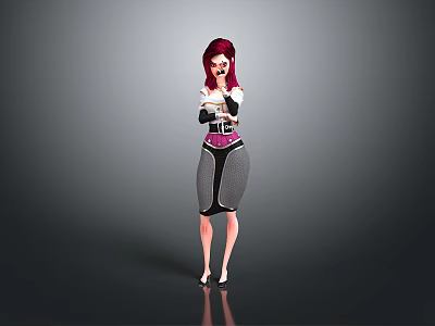 Red Haired Female Character In Black White Pink Outfit With Arms Crossed Against Gray Background 3d model