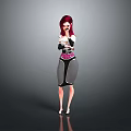 Red Haired Female Character In Black White Pink Outfit With Arms Crossed Against Gray Background