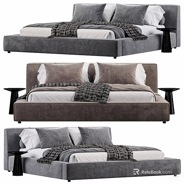 Modern Double Bed Design With Gray Frame White Sheets Throw Blanket And Black Nightstands 3d model