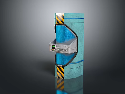 Other Blue Cylindrical Container With Yellow Black Warning Stripes And Gray Controller With Green Indicator 3d model