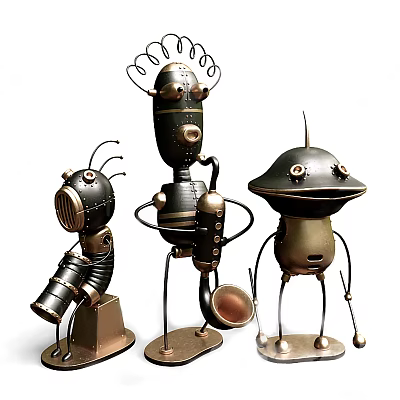 Vintage Industrial Metal Decorative Robot Ornament Set With Unique Designs For Home Tabletop Decor 3d model
