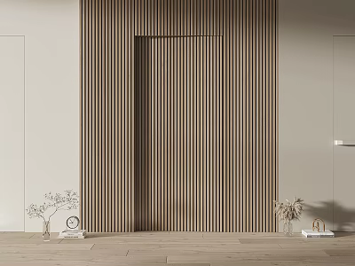 Swing Door Interior Design With Vertical Striped Wooden Surface Light Colored Walls Floor Decorative Items 3d model
