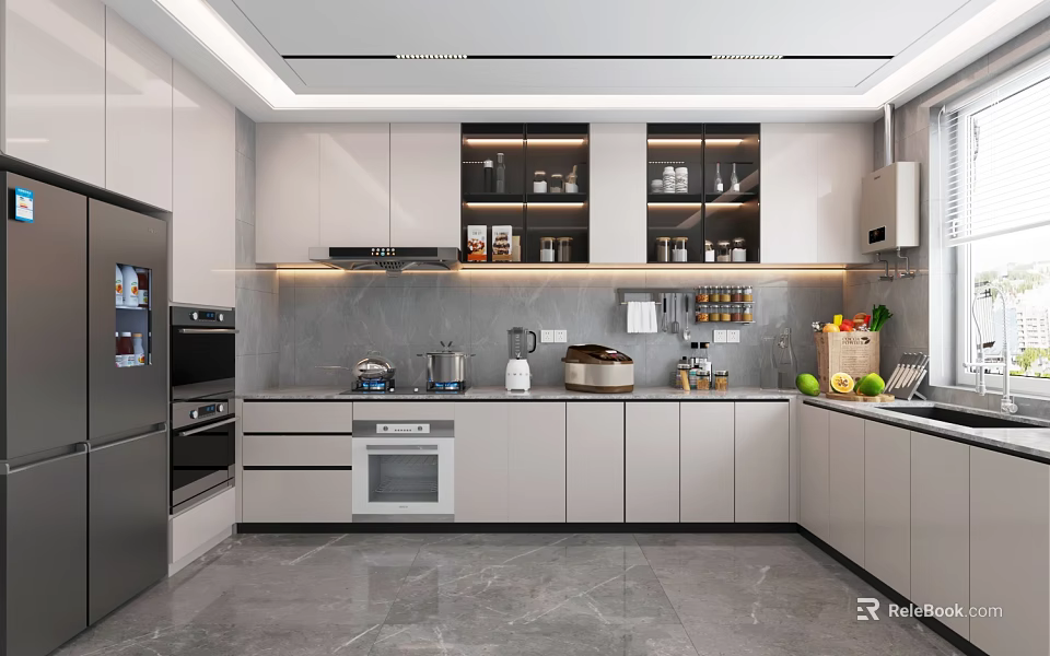 Modern Kitchen Interior Design With White Cabinets Island Counter And Stainless Steel Appliances 3d model 