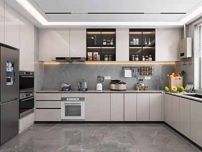 Modern Kitchen Interior Design With White Cabinets Island Counter And Stainless Steel Appliances 3d model
