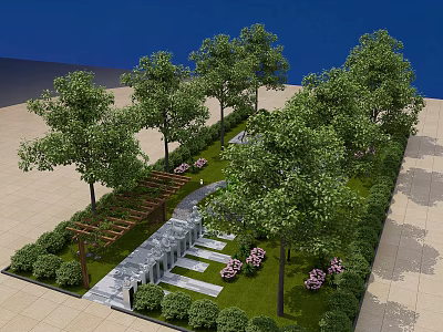 Serene Garden Landscape With Lush Trees Lawn Stone Pathway Pergola And Flowers 3d model