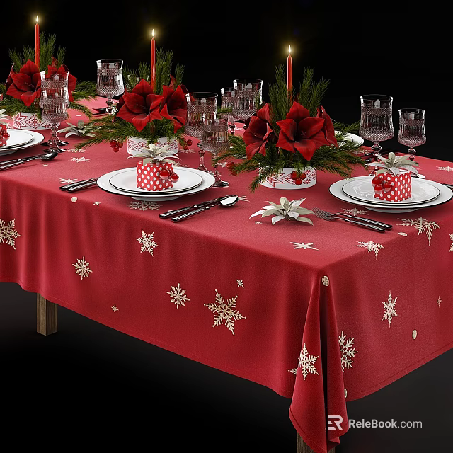 Festive Dinnerware Set On Red Snowflake Tablecloth With Red Flowers And Glasses 3d model 