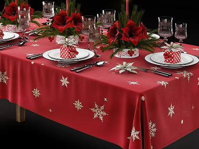 Festive Dinnerware Set On Red Snowflake Tablecloth With Red Flowers And Glasses 3d model