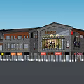 Traditional Commercial Street With Stone Facade Wooden Elements And Storefront Lighting