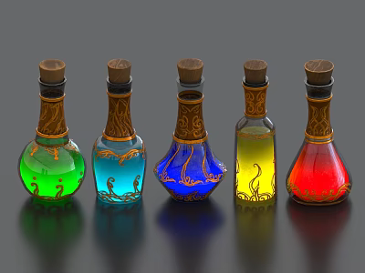 Colorful Decorative Perfume Cosmetic Bottles With Wooden Stoppers And Gold Patterns 3d model