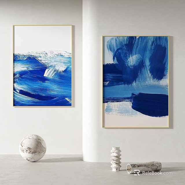 Abstract Paintings With Blue Expressive Brushstrokes Gold Frames Hanging On White Wall 3d model 
