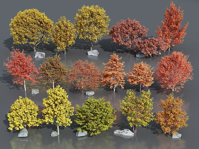 Colorful Arbor Trees With Yellow Red Green Leaves And Decorative Stones 3d model