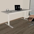 Modern White Desk Setup With Laptop Small Photo Frame Floor Lamp And Brown Office Chair