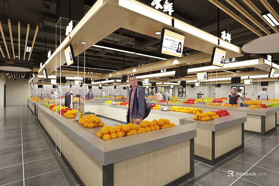 Modern Supermarket Fresh Produce Section With Orange Displays And Shoppers 3d model 
