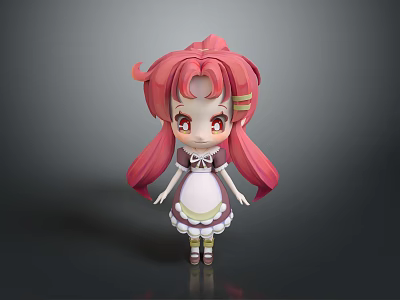 Cute 3D Cartoon Character With Pink Twin Tails Red Eyes White Dress Purple Green Trim 3d model