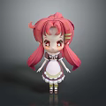 Cute 3D Cartoon Character With Pink Twin Tails Red Eyes White Dress Purple Green Trim