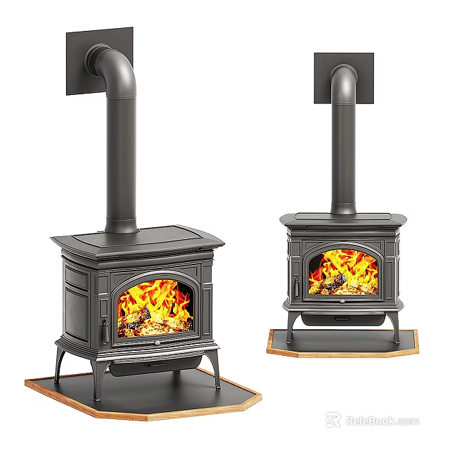 Two Black Cast Iron Stoves With Flaming Fires And Chimneys 3d model