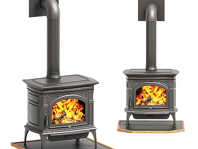 Two Black Cast Iron Stoves With Flaming Fires And Chimneys 3d model