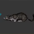 Gray Tabby Cat with Bright Green Eyes Lying on Shiny Ground Watching Blue Butterfly Nearby