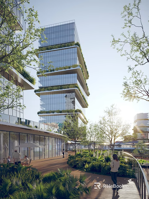 Modern Multi Storey Office Building Exterior With Glass Curtain Wall And Greenery Balconies 3d model 