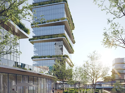 Modern Multi Storey Office Building Exterior With Glass Curtain Wall And Greenery Balconies 3d model