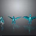 Three Blue Dragons with Spread Wings and Poses in 3D Render on Grey Background Reflections 3d model
