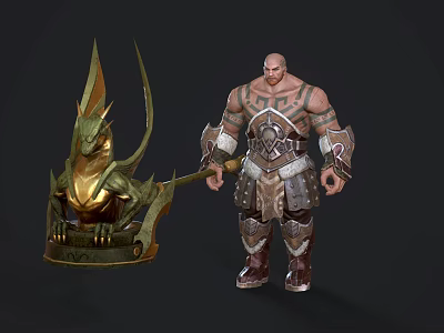 Muscular Tattooed Mythical Warrior Man In Armor Holding Giant Axe With Dragon Statue 3d model