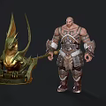 Muscular Tattooed Mythical Warrior Man In Armor Holding Giant Axe With Dragon Statue