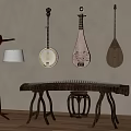 Traditional String Instruments Hanging On Wall With Wooden Table Stool And Floor Lamp