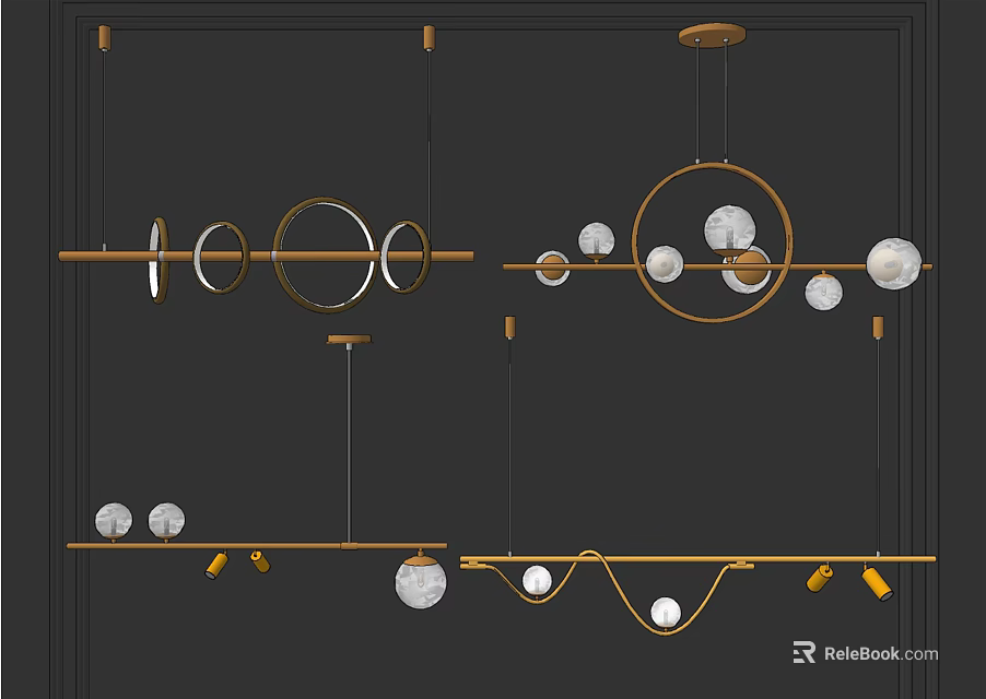 Different Modern Chandelier Designs With Golden Frames And Circular Spheres 3d model