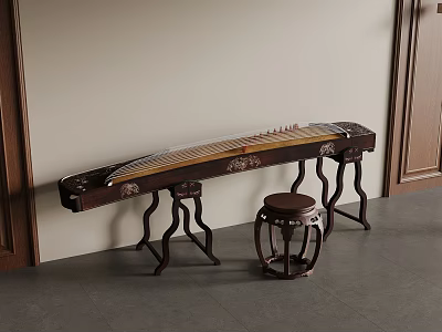 Traditional Chinese Guzheng with Carved Wooden Body Placed Against Wall With Wooden Drum Stool 3d model