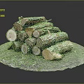 Natural Wood Material Logs Stacked With Bark And Green Moss On Circular Ground