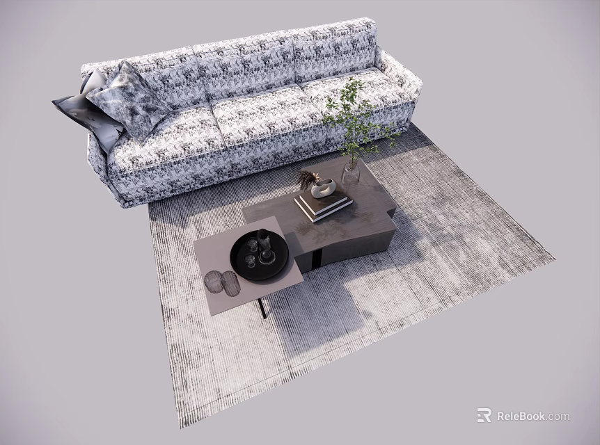 Patterned Fabric Sofa and Modern Coffee Table Set with Potted Plant Books on Floor Rug 3d model 